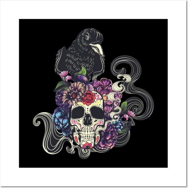 Sugar skull with crow Wall Art by AnnArtshock